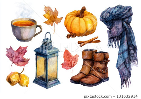 Autumn-themed watercolor illustration featuring cozy elements like tea, pumpkin, and boots 131632914