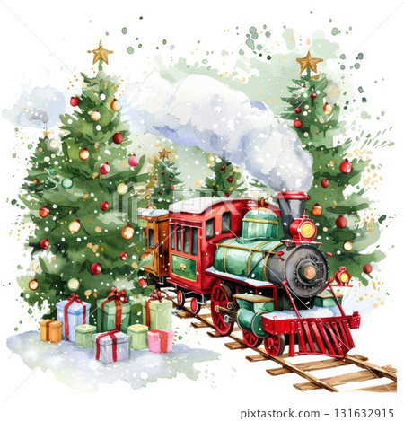 Vintage steam locomotive surrounded by Christmas trees and colorful presents in winter scene 131632915