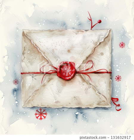 Vintage envelope with red wax seal and ribbon on a snowy background for holiday greetings Vintage envelope with red wax seal and ribbon on a snowy background for holiday greetings 131632917