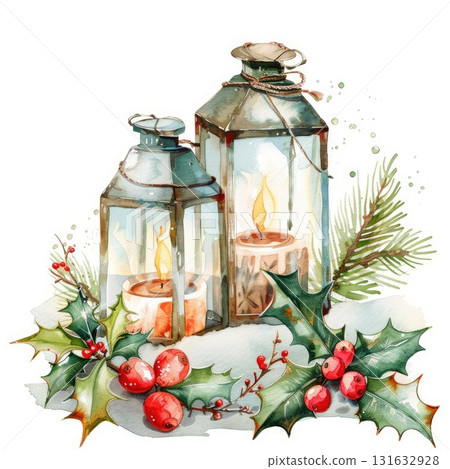 Watercolor illustration of decorative lanterns with candles surrounded by holly and pine branches 131632928