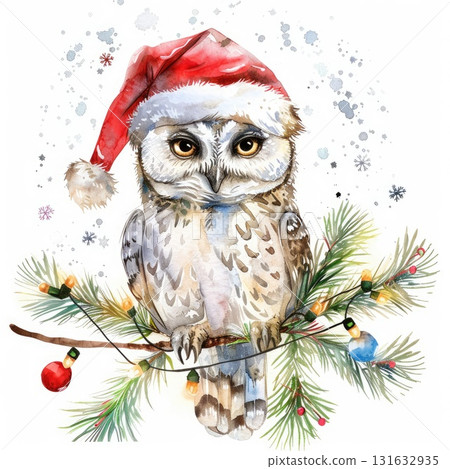 Owl wearing a red Santa hat perched on a pine branch with festive decorations and snowflakes Owl wearing a red Santa hat perched on a pine branch with festive decorations and snowflakes 131632935