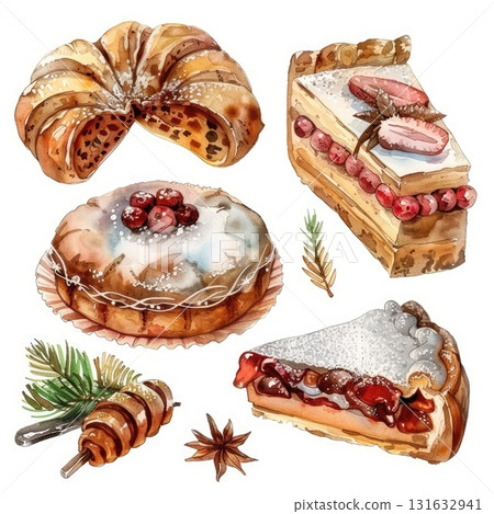 Festive dessert illustration featuring assorted cakes and pastries with decorative elements Festive dessert illustration featuring assorted cakes and pastries with decorative elements 131632941