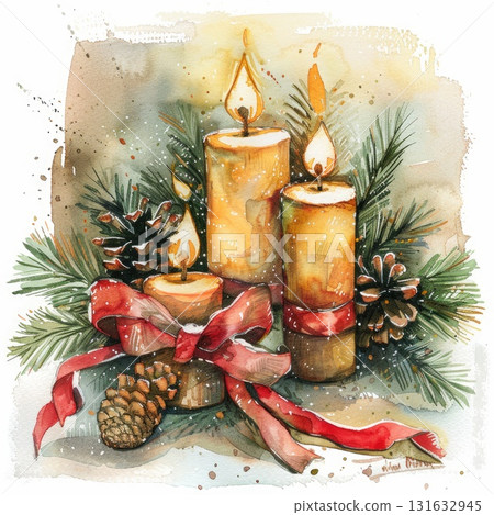 Watercolor illustration of three candles with pine branches and festive decorations for holiday ambiance Watercolor illustration of three candles with pine branches and festive decorations for holiday ambiance 131632945