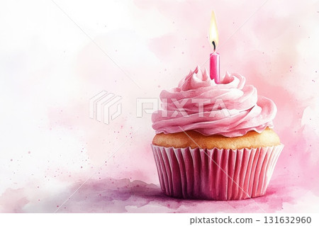 Pink frosted cupcake with a candle on top, surrounded by a soft watercolor background 131632960