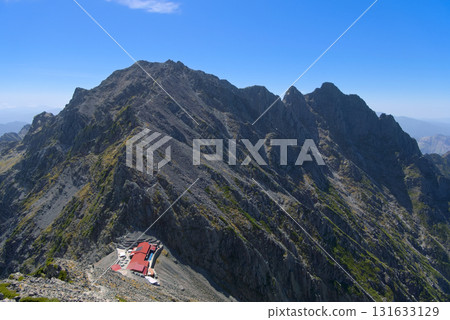Mount Okuhotaka and Mount Hotaka Mountain Lodge seen from Mount Karasawa in the Northern Alps 131633129