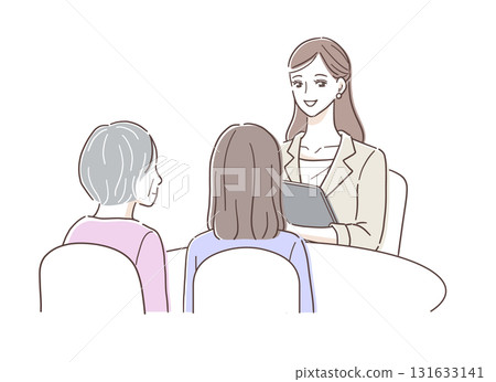 父母和孩子在櫃檯諮詢以及女性代表的插圖素材 父母和孩子在櫃檯諮詢以及女性代表的插圖素材 131633141