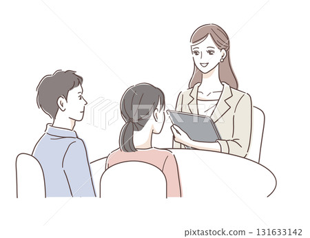 一對年輕夫婦和一位負責人在櫃檯接受解釋的插圖素材 131633142