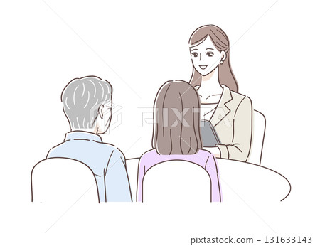 Illustration material of a woman at the reception desk receiving consultations from parents and children 131633143