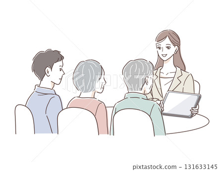 Illustration material of a senior couple and their son consulting a woman in a suit Illustration material of a senior couple and their son consulting a woman in a suit 131633145