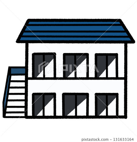 Two-story apartment building with a blue roof Two-story apartment building with a blue roof 131633164