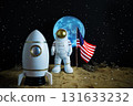 Sci-fi scene of astronaut with American flag beside spacecraft, full Moon shining above, concept of interplanetary exploration, innovation, and patriotic spirit. Astronaut and shuttle under Moon. 131633232
