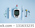 Set of diabetic tools glucometer, insulin bottle, syringe, and lancet for blood testing, medical equipment. Diabetes testing concept, world diabetes day background. 131633235