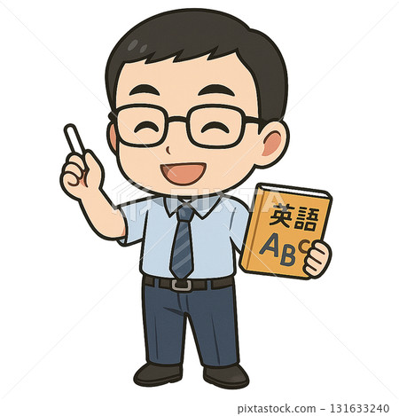 一位戴眼鏡的男老師一邊微笑一邊指著書本講授英文課本 131633240