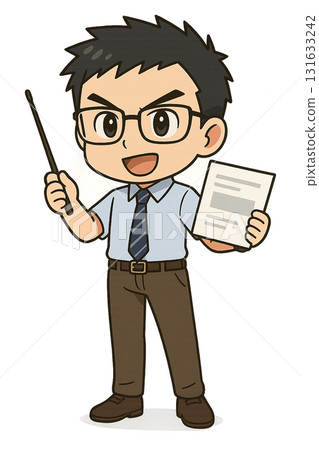 A male businessman wearing glasses is energetically explaining a presentation document with a pointer in one hand 131633242