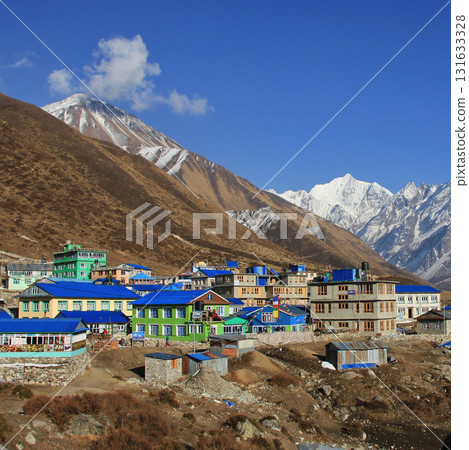 Village Kyanjin Gumba and mountains Tserko Ri, Gangchenpo. Langtang Valley, Nepal. Village Kyanjin Gumba and mountains Tserko Ri, Gangchenpo. Langtang Valley, Nepal. 131633328