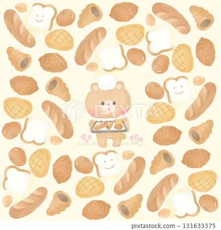 The bear chef is surrounded by lots of bread The bear chef is surrounded by lots of bread 131633375