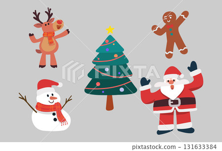 Christmas cartoon characters, reindeer, gingerbread, Christmas tree, snowman, Santa Claus, Minimalist style, Suitable for Christmas design, and graphic decoration. Flat vector design illustration. Christmas cartoon characters, reindeer, gingerbread, Christmas tree, snowman, Santa Claus, Minimalist style, Suitable for Christmas design, and graphic decoration. Flat vector design illustration. 131633384