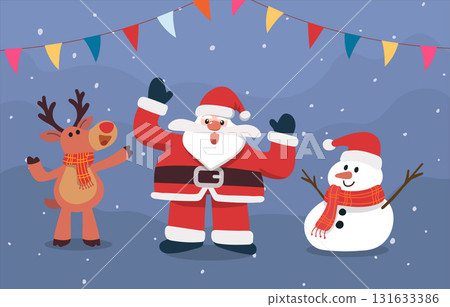 Reindeer, gingerbread, Santa Claus, and Merry Christmas cartoon characters are cheerful and happy with rainbow paper on the background, perfect for Christmas design. Vector design illustration. 131633386