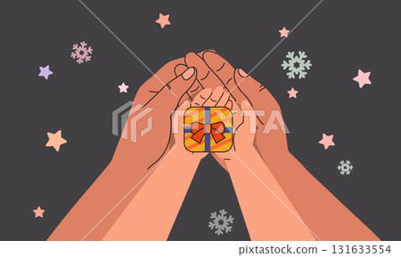An adult hand holds a child's hand holding a gift, Love and warmth concept. Father gives a gift box to his child. Suitable for card and graphic design. Flat vector design illustration. An adult hand holds a child's hand holding a gift, Love and warmth concept. Father gives a gift box to his child. Suitable for card and graphic design. Flat vector design illustration. 131633554