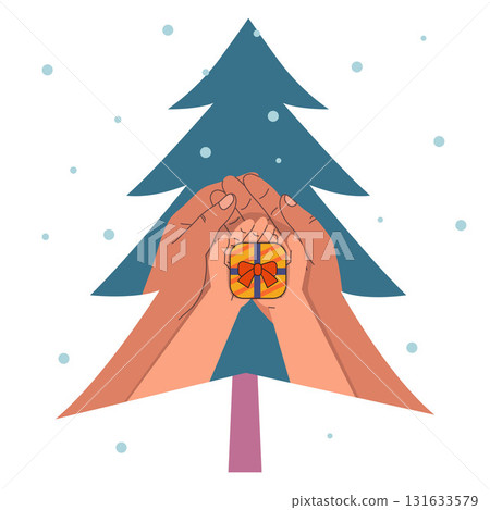 Hands holding gift box, Adult and child giving gift in Christmas tree. Concept of Christmas. Holiday, New year. Vector illustrations on blue background. 131633579