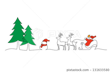 Continuous line drawing of Santa Claus riding a sleigh and color, reindeer, snowman, Christmas tree, Landscape images, Minimalist style. Suitable for Christmas design, greeting cards. Vector design. 131633580