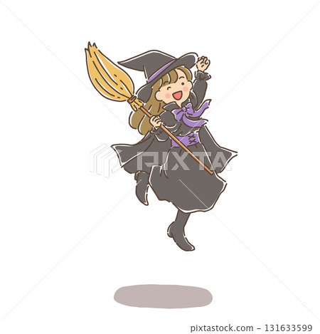 一名年輕女子扮成女巫，拿著掃把跳躍 131633599