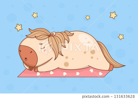 Cute Sleepy Horse on Rug Under Stars. Adorable Pony Kawaii Animal. Vector illustration for Kids, Nursery, Stickers and Cards. Not AI Cute Sleepy Horse on Rug Under Stars. Adorable Pony Kawaii Animal. Vector illustration for Kids, Nursery, Stickers and Cards. Not AI 131633628