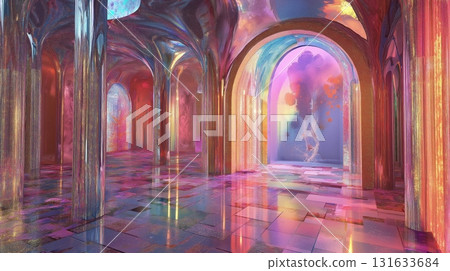 Abstract iridescent hall with arches and colorful light reflection on the floor. 131633684