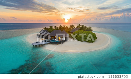 Breathtaking sunset over a tropical beach with a secluded wooden house and lush greenery Breathtaking sunset over a tropical beach with a secluded wooden house and lush greenery 131633703
