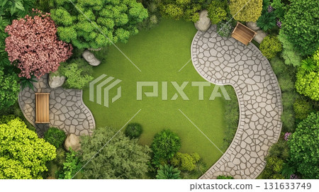 Beautiful tranquil garden with wooden deck, stone paths, and lush greenery 131633749