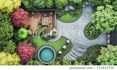 Swimming pool shaped organically sits in a tranquil garden and vibrant plants. 131633750