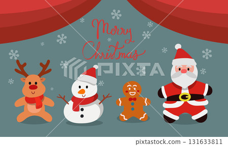 Cute and cheerful Christmas characters Santa Claus, Snowman, Reindeer, Gingerbread with snow, Flat vector style, suitable for festival design. 131633811
