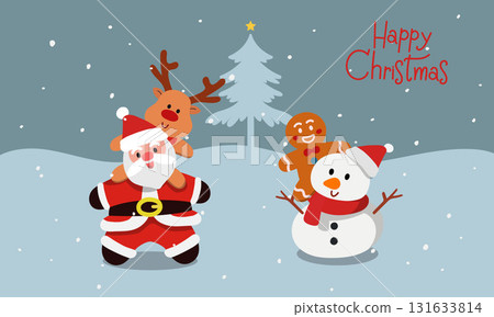 Cute Christmas characters decorated with Santa Claus, snowman, reindeer, gingerbread man, Christmas tree, and snow, perfect for festive designs. Flat vector design illustrations. Cute Christmas characters decorated with Santa Claus, snowman, reindeer, gingerbread man, Christmas tree, and snow, perfect for festive designs. Flat vector design illustrations. 131633814