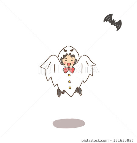 A girl dressed as a ghost jumping around and a flying bat 131633985
