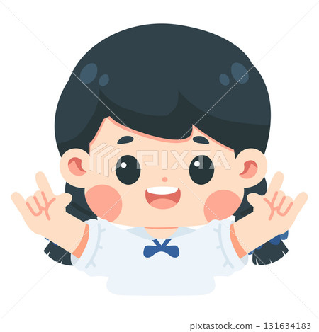 Cute Cartoon Girl Giving Rock and Roll Sign 131634183