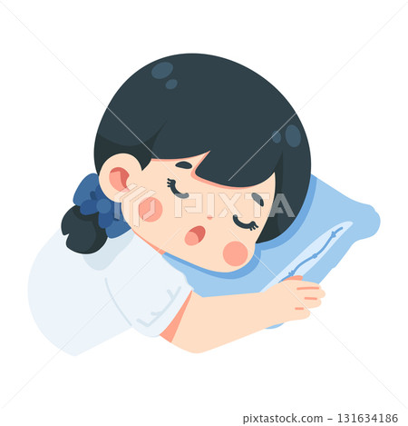 Illustration of Sleeping Girl on Pillow 131634186