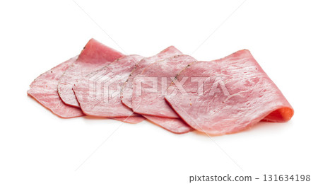 Sliced beef pastrami isolated on white background. 131634198