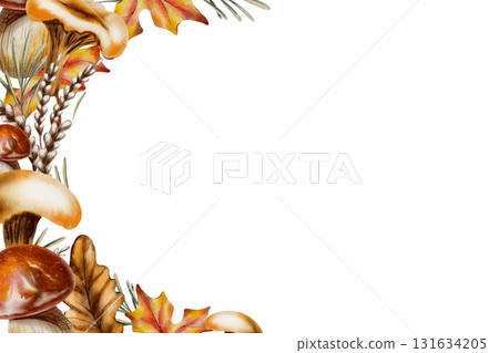 Mushrooms,maple and oak foliage,wheat sprigs and pine needles in a cemi-circular template.Hand drawn wildlife illustration for decorating cards isolated on transparent background Mushrooms,maple and oak foliage,wheat sprigs and pine needles in a cemi-circular template.Hand drawn wildlife illustration for decorating cards isolated on transparent background 131634205