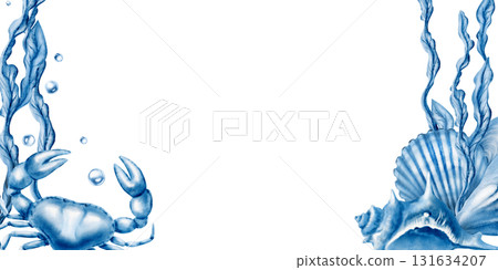 Marine seashells template:crab,twisted spiky seashell,oyster,mussel,ribbed cemicircular seashell,air bubbles,stylized laminaria blue monochrome colors.Hand-drawn watecolor illustration isolated Marine seashells template:crab,twisted spiky seashell,oyster,mussel,ribbed cemicircular seashell,air bubbles,stylized laminaria blue monochrome colors.Hand-drawn watecolor illustration isolated 131634207
