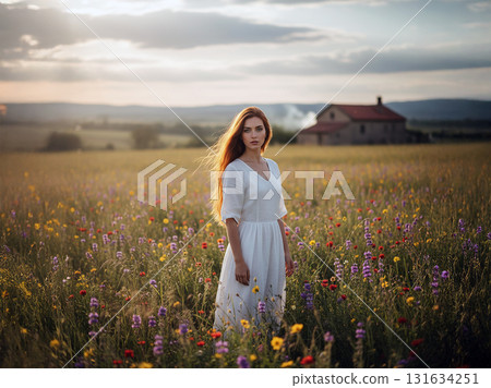 Young Woman Standing In Wildflower Field At Sunset With Flowing Hair And White Dress 131634251