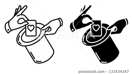 Line icon. Hands of an illusionist hide a playing card behind a magic hat while performing a circus trick. Simple black and white vector isolated on white background Line icon. Hands of an illusionist hide a playing card behind a magic hat while performing a circus trick. Simple black and white vector isolated on white background 131634267