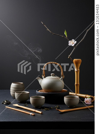 Minimalist Tea Ceremony Flatlay with Ceramic Teapot Bamboo Tools and Flower Arrangement on Slate Surface Minimalist Tea Ceremony Flatlay with Ceramic Teapot Bamboo Tools and Flower Arrangement on Slate Surface 131634483