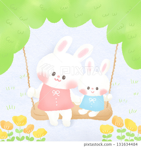 Parent and child rabbit family on a swing Parent and child rabbit family on a swing 131634484