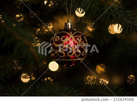 Elegant Colored Christmas Bauble Macro with Festive Bokeh Lights on a Lush Pine Tree Branch 131634508