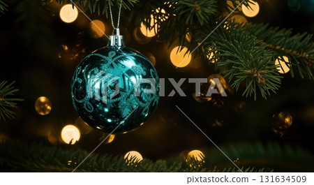 Elegant Colored Christmas Bauble Macro with Festive Bokeh Lights on a Lush Pine Tree Branch 131634509