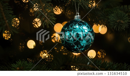 Elegant Colored Christmas Bauble Macro with Festive Bokeh Lights on a Lush Pine Tree Branch Elegant Colored Christmas Bauble Macro with Festive Bokeh Lights on a Lush Pine Tree Branch 131634510