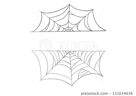 Spiderweb line border, frame. Gothic scary hanging net. Simple spooky halloween decoration. Cobweb spider trap. 131634636