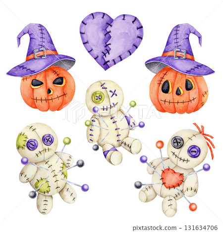 Halloween clipart with stitched voodoo dolls, pumpkins, purple felt heart and sewing pins in watercolor illustration, hand drawn set for party invitations, stickers, scrapbooking, textile and crafts. 131634706