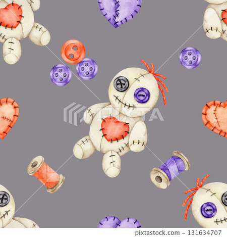 Voodoo dolls with stitched red hearts, purple buttons and spools on gray in watercolor illustration, hand drawn seamless pattern perfect for Halloween fabric, textile prints, gift wrap, and Voodoo dolls with stitched red hearts, purple buttons and spools on gray in watercolor illustration, hand drawn seamless pattern perfect for Halloween fabric, textile prints, gift wrap, and 131634707