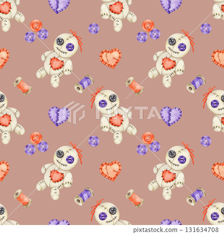 Halloween voodoo dolls with stitched red hearts, purple buttons and spools in watercolor illustration, hand drawn seamless pattern for textile design, party decor, digital scrapbooking, and packaging. 131634708